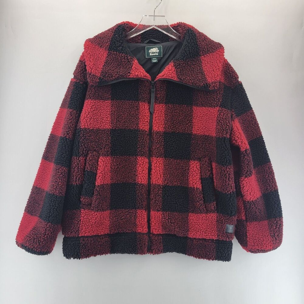 Roots‎ Plaid Faux Sherpa Jacket Womens Medium Buffalo Check Oversized Red Black